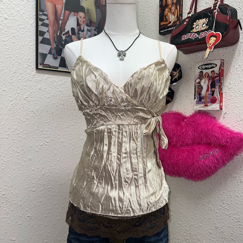 Charlotte Russe Cream Satin Camisole with Lace Trim
